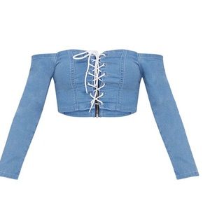 PLT Mid Wash Lace Up Bardot Crop Top